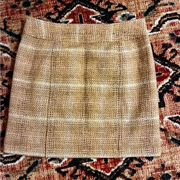 Warm Camel Plaid Tweed Wool Blend Mini Skirt• Size 0 Classic Heritage Academia - Picture 5 of 7